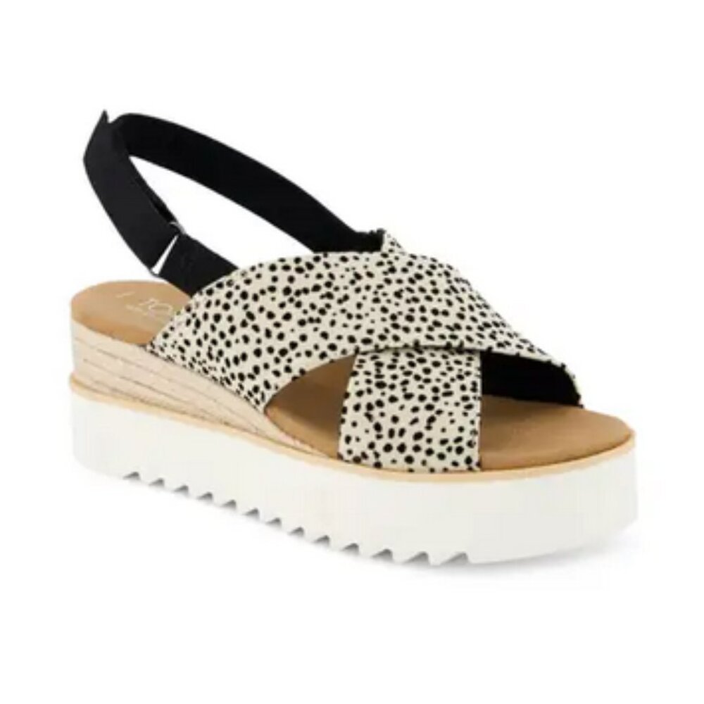 Toms Dalma Cross-Strap Wedge Sandals in Black and Cream Dalmatian Print